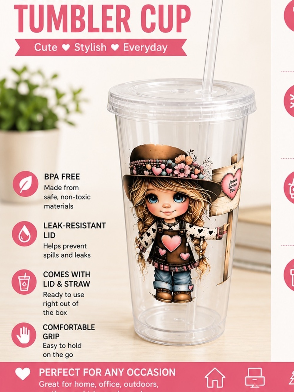 Jesus loves you Heart Girl Graphic Frosted Plastic Tumbler with Straw - White